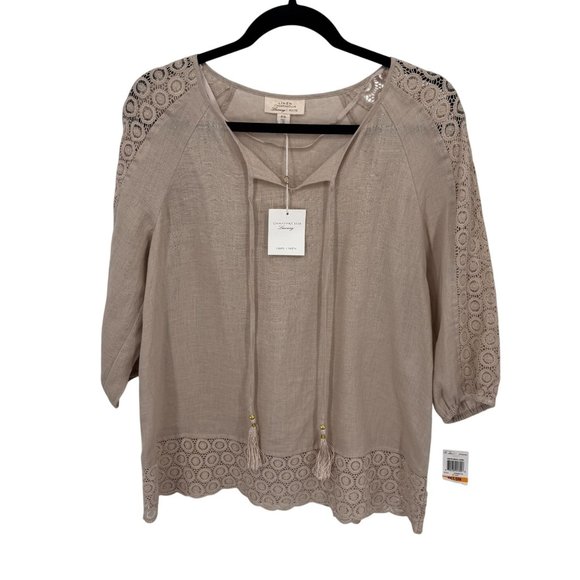 Charter Club Coastal Grandmother Top Womens PS Tan Luxury Linen Crochet Trim NEW - Picture 1 of 9